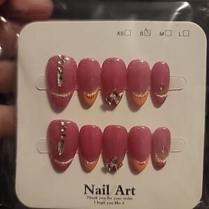 Handmade Pink Cat's Eye/French Tips/Jeweled Press On Nails Size Small (003)